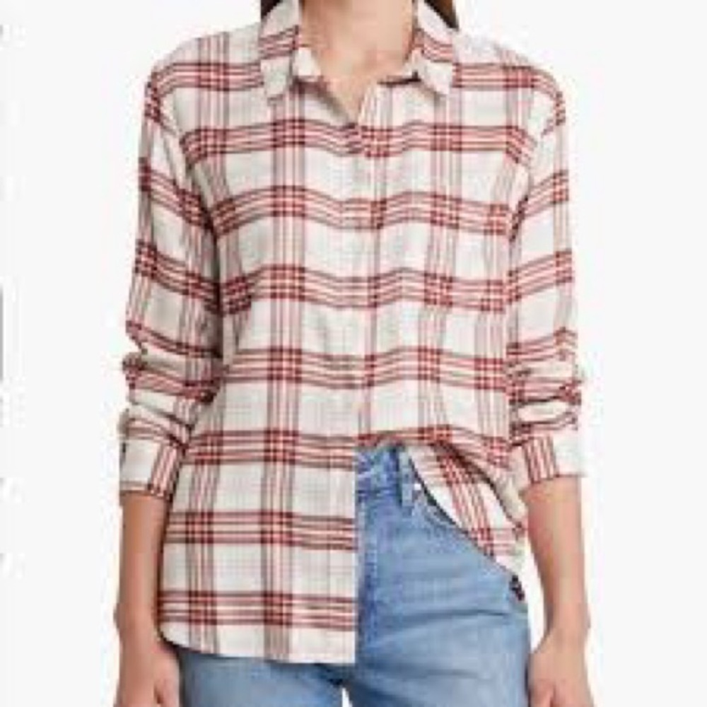 NWT TREASURE & BOND Plaid long Sleeve Boyfriend Shirt Size Small Cream Burgundy
